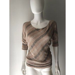 Teenbell Women's Top Blouse 3/4 Dolman Sleeve Striped Round Neck Beige Size M